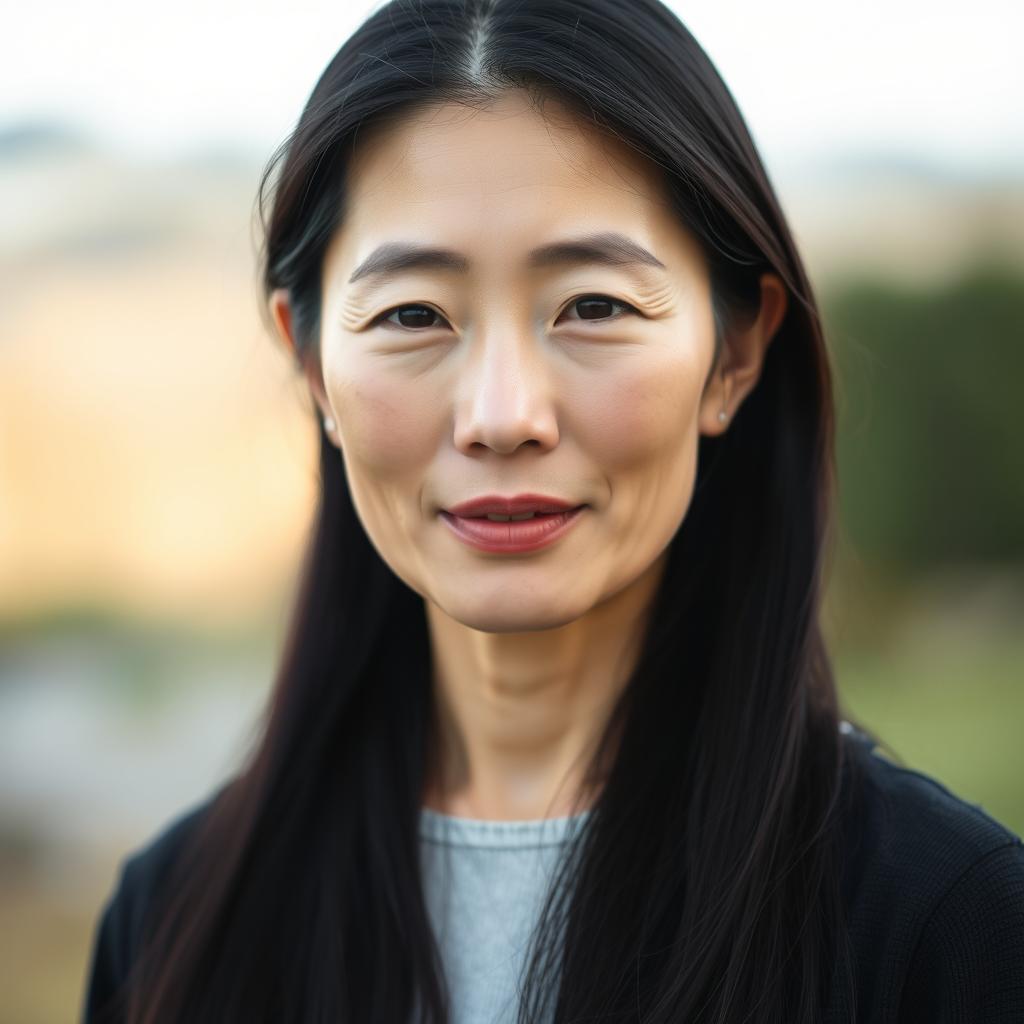 A full-body portrait of a 43-year-old woman with pale skin and long black hair, showcasing her natural beauty with an ordinary and unembellished facial appearance without any makeup