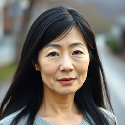 A full-body portrait of a 43-year-old woman with pale skin and long black hair, showcasing her natural beauty with an ordinary and unembellished facial appearance without any makeup