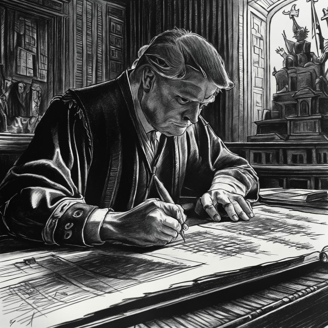 Ballpoint pen sketch showing Donald Trump writing the Magna Carta at a grand wooden desk.