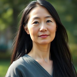 A full-body portrait of a 43-year-old woman with pale skin and long black hair, representing her natural beauty with an ordinary face free of makeup
