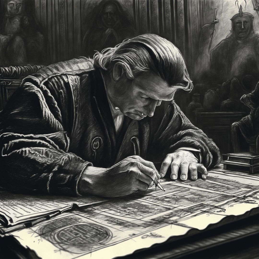 Detailed ballpoint pen sketch showing Donald Trump's distinctive features as he writes the Magna Carta at an ornate desk.