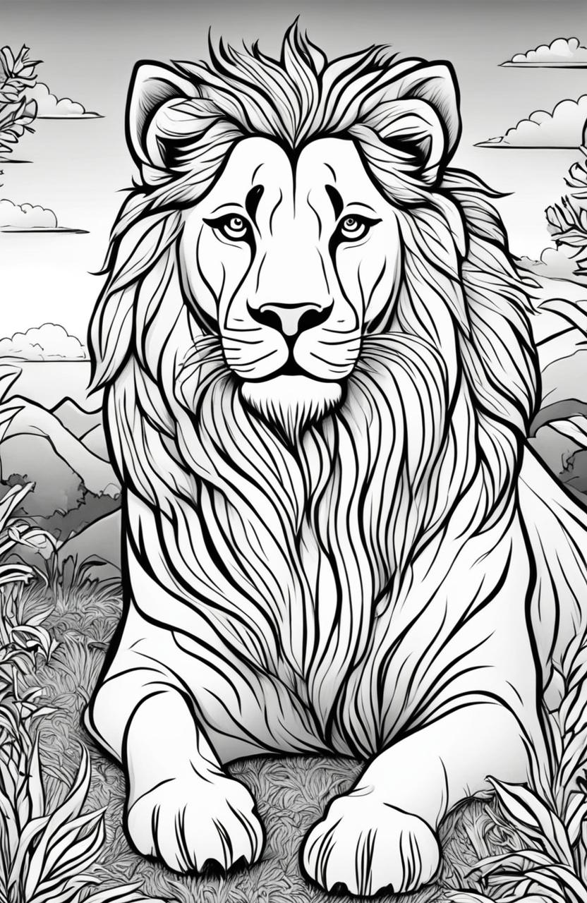 Coloring book page featuring a detailed lion seated in a savannah landscape at sunset.