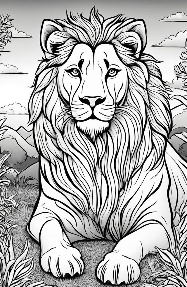 Coloring book page featuring a detailed lion seated in a savannah landscape at sunset.