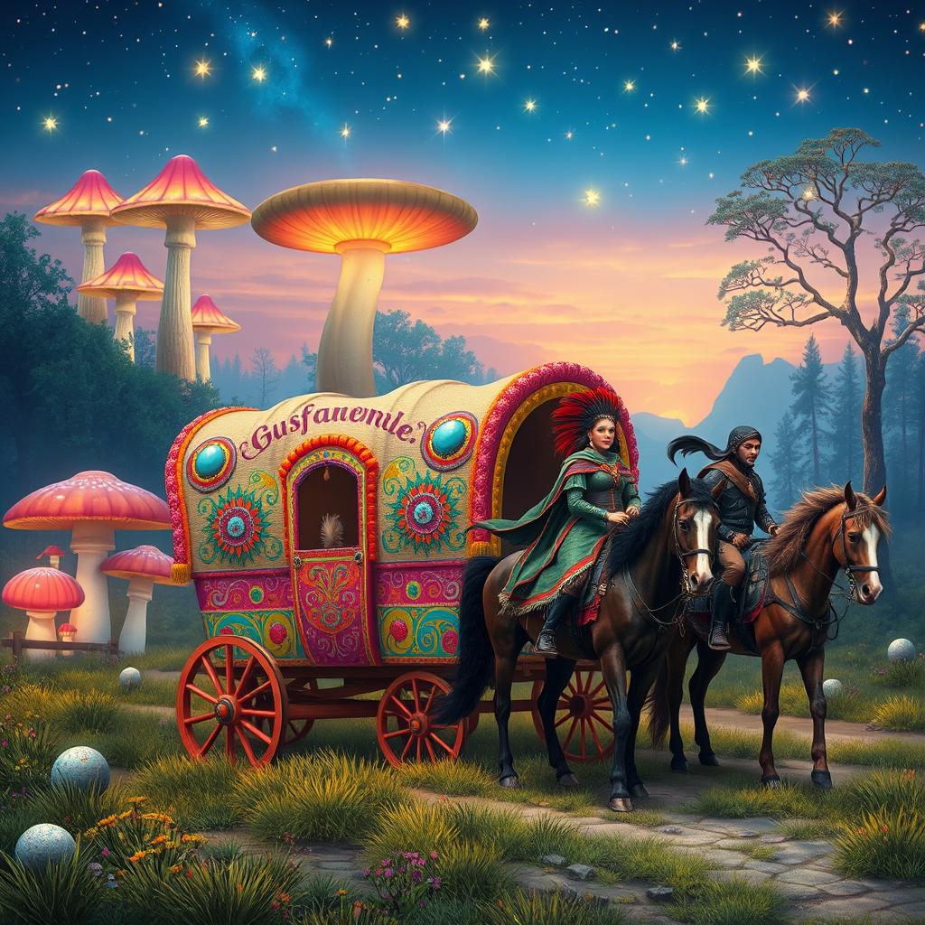 A whimsical fantasy setting featuring a vibrant traveling gypsy wagon adorned with intricate designs and bright colors, parked on a picturesque landscape