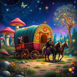 A whimsical fantasy setting featuring a vibrant traveling gypsy wagon adorned with intricate designs and bright colors, parked on a picturesque landscape