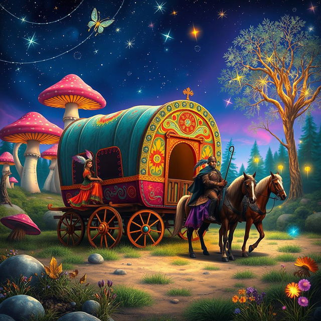 A whimsical fantasy setting featuring a vibrant traveling gypsy wagon adorned with intricate designs and bright colors, parked on a picturesque landscape