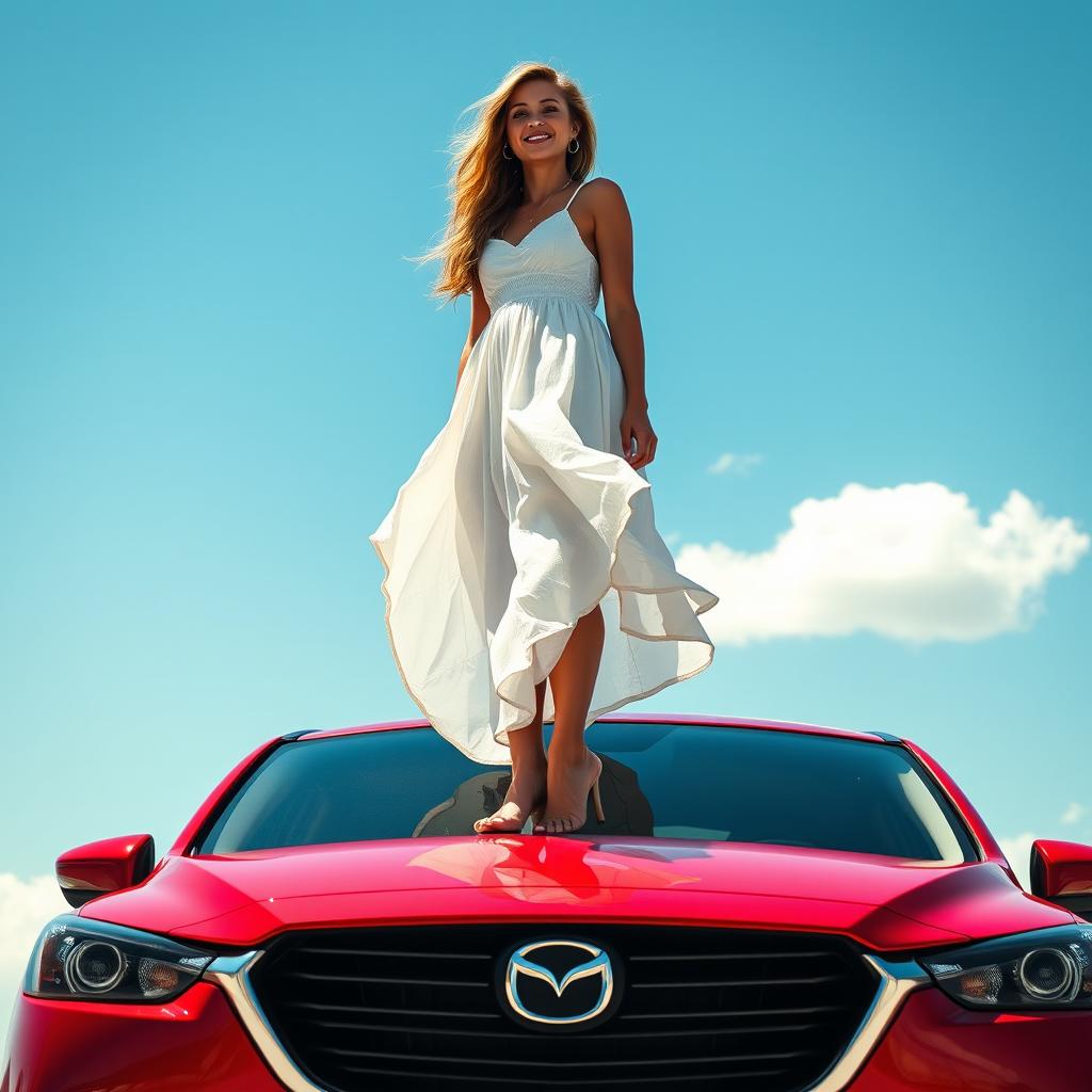 An artistic image of a beautiful woman standing barefoot on the roof of a vibrant red Mazda CX-3