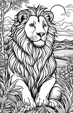 Coloring book page featuring a detailed lion seated in a savannah landscape at sunset.