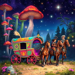 A whimsical fantasy setting featuring a vibrant traveling gypsy wagon adorned with intricate designs and bright colors, parked on a picturesque landscape