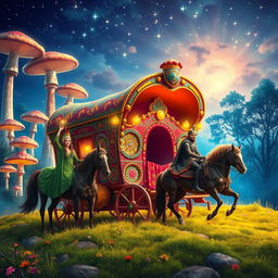 A whimsical fantasy setting featuring a vibrant traveling gypsy wagon adorned with intricate designs and bright colors, parked on a picturesque landscape