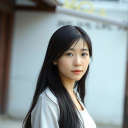 A full-body portrait of a 43-year-old woman with pale skin and long black hair, displaying her natural beauty with a plain and unmade-up face