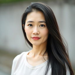 A full-body portrait of a 43-year-old woman with pale skin and long black hair, displaying her natural beauty with a plain and unmade-up face