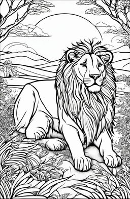 Coloring book page featuring a detailed lion seated in a savannah landscape at sunset.