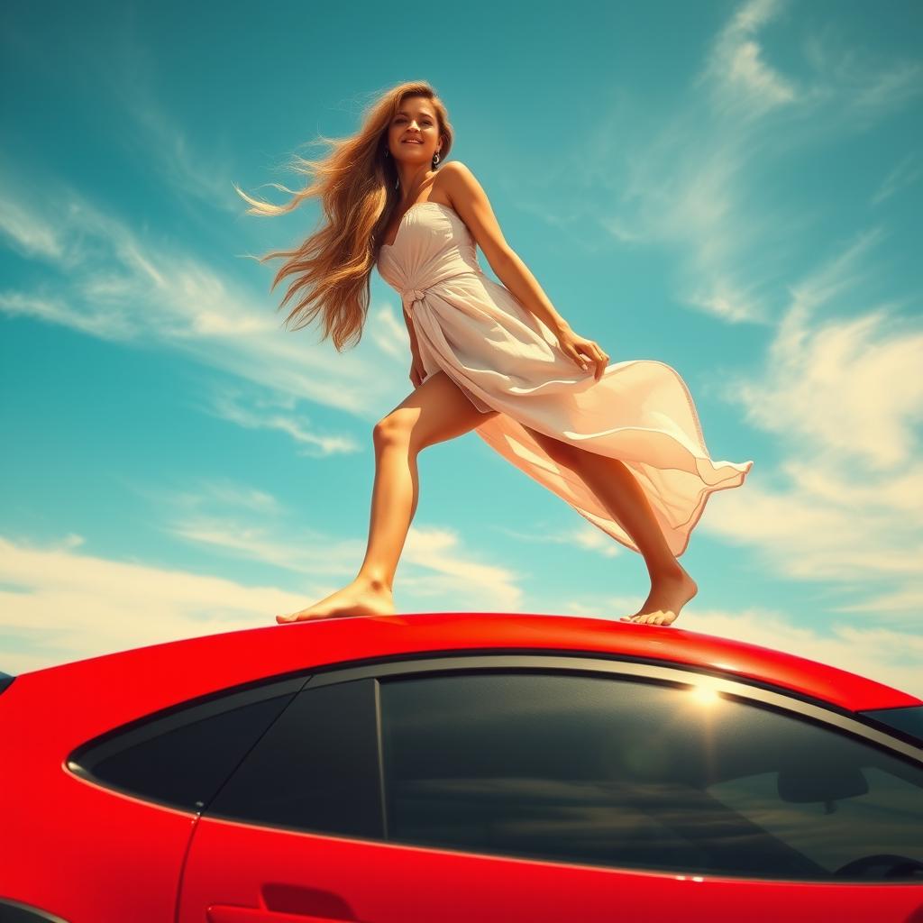 An artistic image of a beautiful woman standing barefoot on the roof of a vibrant red Mazda CX-3