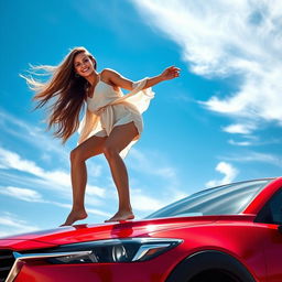 An artistic image of a beautiful woman standing barefoot on the roof of a vibrant red Mazda CX-3