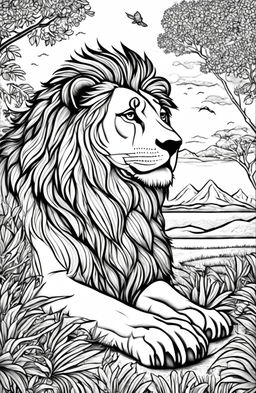 Coloring book page featuring a detailed lion seated in a savannah landscape at sunset.