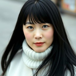 A full-body portrait of a 43-year-old woman with pale skin and long black hair, featuring a natural and unmade-up face