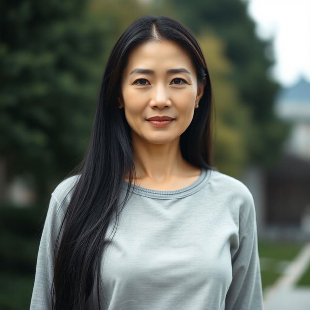 A full-body portrait of a 43-year-old woman with pale skin and long black hair, featuring a natural and unmade-up face