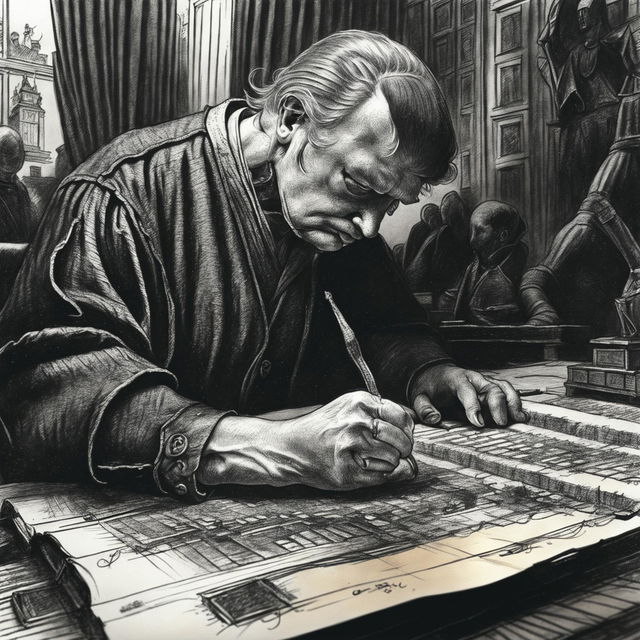 Detailed ballpoint pen sketch capturing Donald Trump's distinctive features as he writes the Magna Carta at a grand desk.