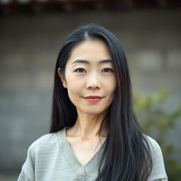A full-body portrait of a 43-year-old woman with pale skin and long black hair, featuring a natural and unmade-up face