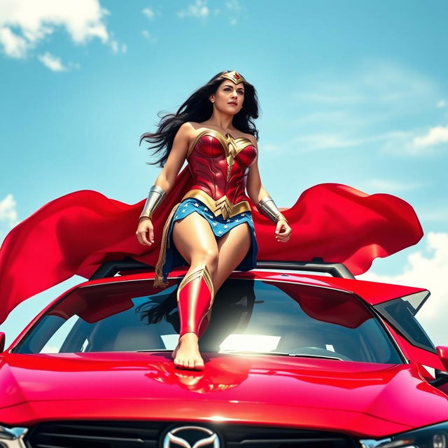 An action-packed scene depicting Wonder Woman confidently standing barefoot on the roof of a vivid red Mazda CX-3