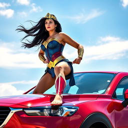 An action-packed scene depicting Wonder Woman confidently standing barefoot on the roof of a vivid red Mazda CX-3