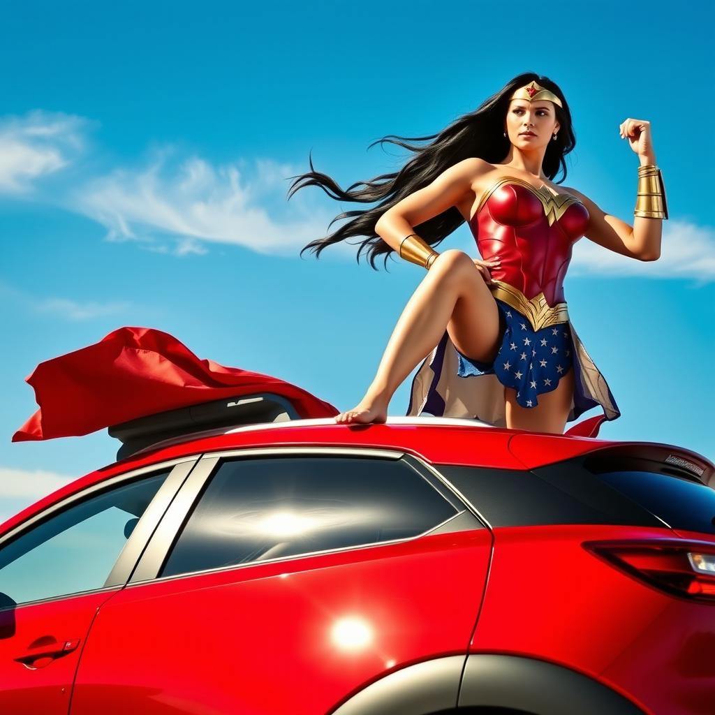 An action-packed scene depicting Wonder Woman confidently standing barefoot on the roof of a vivid red Mazda CX-3