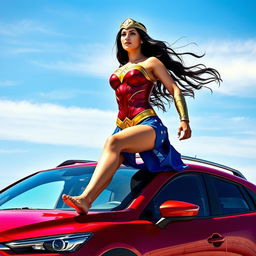 An action-packed scene depicting Wonder Woman confidently standing barefoot on the roof of a vivid red Mazda CX-3