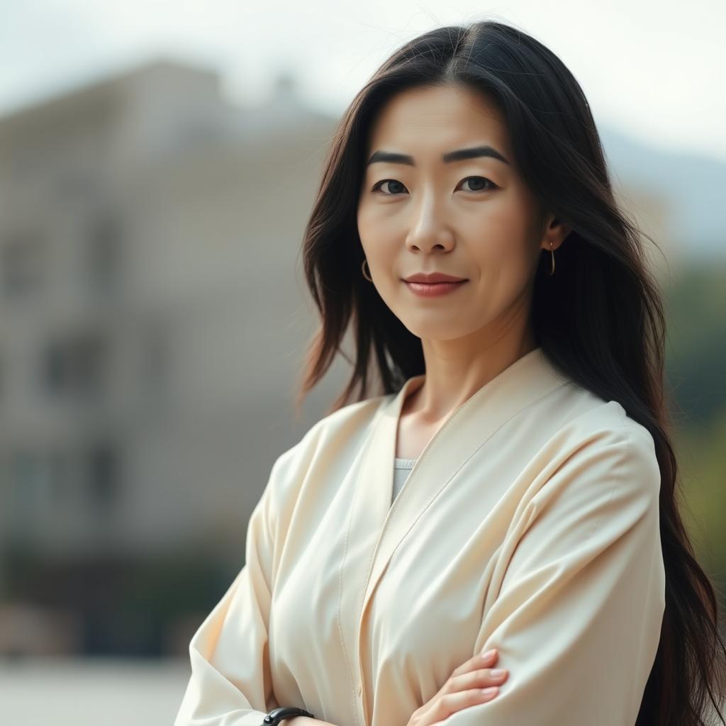 A full-body portrait of a 43-year-old woman with pale skin and long black hair, featuring a natural and unmade-up face