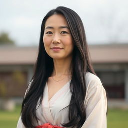 A full-body portrait of a 43-year-old woman with pale skin and long black hair, featuring a natural and unmade-up face