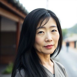 A full-body portrait of a 43-year-old woman with pale skin and long black hair, featuring a natural and unmade-up face