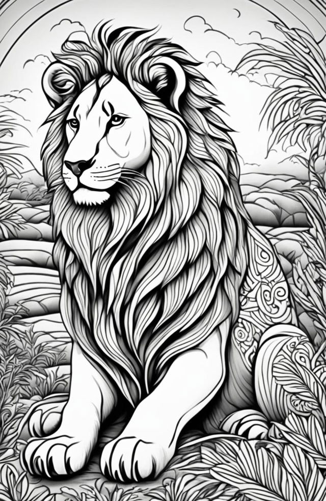 Adult coloring book page featuring a detailed lion seated in a savannah landscape at sunset with intricate patterns.