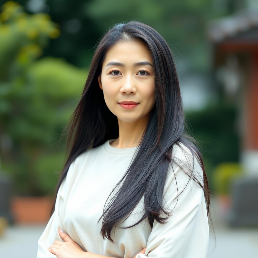 A full-body portrait of a 43-year-old woman with pale skin and long black hair, showcasing her natural beauty with a plain, unmade-up face