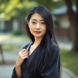A full-body portrait of a 43-year-old woman with pale skin and long black hair, showcasing her natural beauty with a plain, unmade-up face