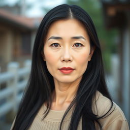 A full-body portrait of a 43-year-old woman with pale skin and long black hair, showcasing her natural beauty with a plain, unmade-up face