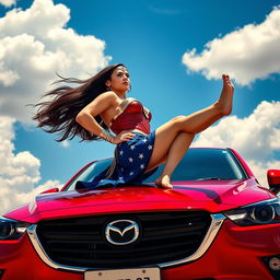 A striking image of a woman inspired by Wonder Woman as portrayed by Gal Gadot, confidently standing barefoot on the roof of a brilliant red Mazda CX-3