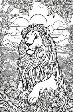 Adult coloring book page featuring a detailed lion seated in a savannah landscape at sunset with intricate patterns.