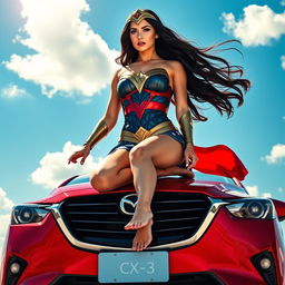A striking image of a woman inspired by Wonder Woman as portrayed by Gal Gadot, confidently standing barefoot on the roof of a brilliant red Mazda CX-3