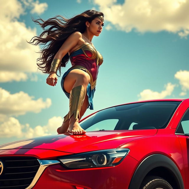 A striking image of a woman inspired by Wonder Woman as portrayed by Gal Gadot, confidently standing barefoot on the roof of a brilliant red Mazda CX-3