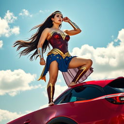 A striking image of a woman inspired by Wonder Woman as portrayed by Gal Gadot, confidently standing barefoot on the roof of a brilliant red Mazda CX-3