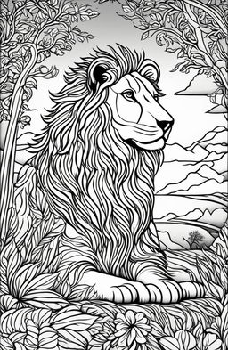 Adult coloring book page featuring a detailed lion seated in a savannah landscape at sunset with intricate patterns.