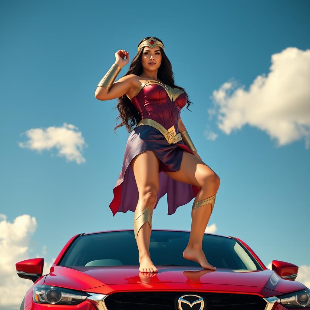 A powerful image of a woman inspired by Wonder Woman, portrayed in the style of Gal Gadot, standing barefoot on the roof of a shiny red Mazda CX-3