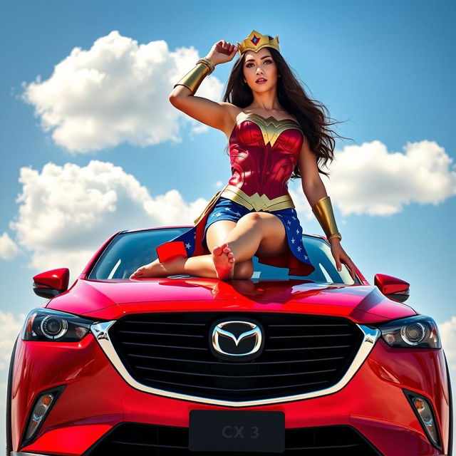 A powerful image of a woman inspired by Wonder Woman, portrayed in the style of Gal Gadot, standing barefoot on the roof of a shiny red Mazda CX-3