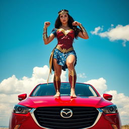 A powerful image of a woman inspired by Wonder Woman, portrayed in the style of Gal Gadot, standing barefoot on the roof of a shiny red Mazda CX-3