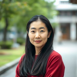 A full-body portrait of a 43-year-old woman with pale skin and long black hair, displaying a natural face without makeup