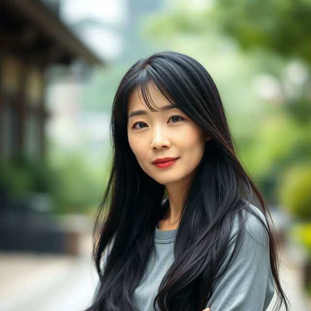 A full-body portrait of a 43-year-old woman with pale skin and long black hair, displaying a natural face without makeup