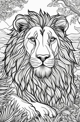 Adult coloring book page featuring a detailed lion seated in a savannah landscape at sunset with intricate patterns.