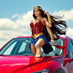 An empowering image featuring a woman interpreting Wonder Woman as depicted by Gal Gadot, standing barefoot on the gleaming roof of a striking red Mazda CX-3