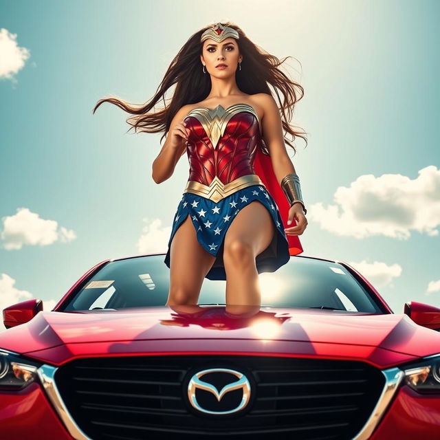 An empowering image featuring a woman interpreting Wonder Woman as depicted by Gal Gadot, standing barefoot on the gleaming roof of a striking red Mazda CX-3