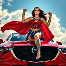 An empowering image featuring a woman interpreting Wonder Woman as depicted by Gal Gadot, standing barefoot on the gleaming roof of a striking red Mazda CX-3